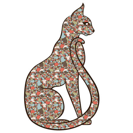 Graceful and serious cat with a long tail with body is made of colorful muted mosaic shapes isolated on the white background, vector illustrationのイラスト素材