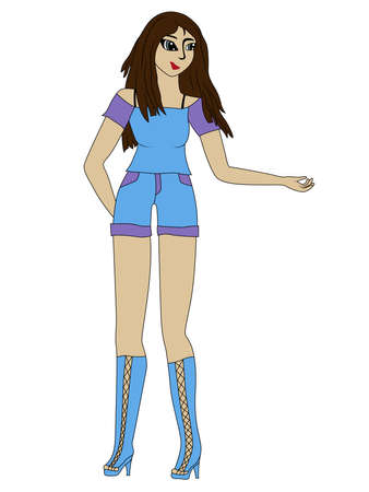 Fashionable cartoon girl in summer boots and clothes in violet and blue colors, vector made as child's drawingのイラスト素材