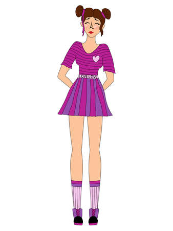 Happy cartoon girl in clothes in pink and violet colors and with closed eyes, vector made as child's drawingのイラスト素材
