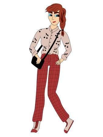 Creative cartoon girl in fashionable clothes in magenta and beige colors, vector made as child's drawingのイラスト素材