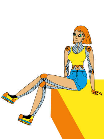 Fantastic cartoon robot girl in summer clothes in yellow and blue, vector made as child's drawingのイラスト素材