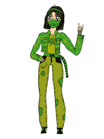 Cartoon girl in protective mask and in green clothes, symbolizes the fight with Covid-19, vector made as child's drawingのイラスト素材