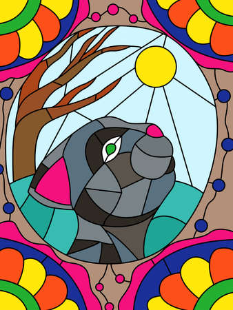 Colorful stained glass with a cute cartoon cat, decorative work of the childのイラスト素材