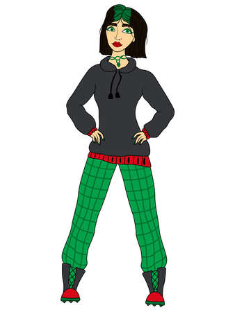 Fashionable sad cartoon girl in pants and a sweatshirt in grey and green colors, vector made as child's drawingのイラスト素材