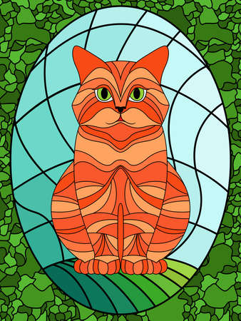 Funny and serious cat sitting on a background of sky, colorful stained-glass window decoration on glass for childrenのイラスト素材