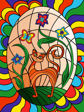 Funny and cheerful kitty among flowers with a butterfly, bright multicolor stained-glass window for a children's roomのイラスト素材