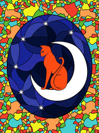 Colorful stained glass with a cute cartoon cat on the moon, decoration on glass for childrenのイラスト素材