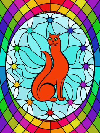 Funny and graceful cat sitting on a background of sky with star, bright colorful stained-glass window decoration on glass for childrenのイラスト素材