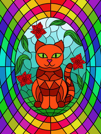 Colorful stained glass with funny cartoon cat sitting among the flowers, decoration on glass for childrenのイラスト素材