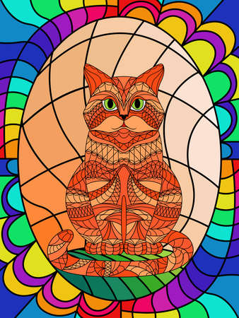 Cartoon and serious cat sitting on a background of sky with ornamental body, colorful stained-glass window decoration on glass for childrenのイラスト素材