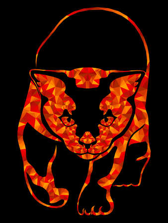 Mosaic of sneaking cat bright orange and red hues isolated on the black background, decoration of the Halloweenのイラスト素材