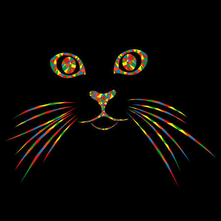 Mosaic of cartoon cat muzzle in bright colors isolated on the black background, decoration on glass for childrenのイラスト素材