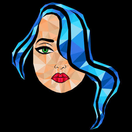 Mosaic face of a sensual and beautiful woman with hair in blue hues isolated on the black backgroundのイラスト素材