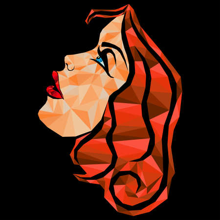 Mosaic face of a sensual woman, looking up, with hair in dark orange hues isolated on the black background, view sideのイラスト素材