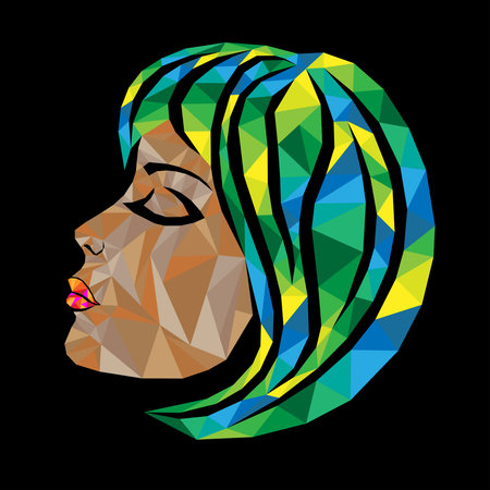 Mosaic face of a beautiful woman with closed eyes and hair in yellow, green and blue hues isolated...