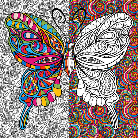 Colorful ornamental beautiful butterfly on the mosaic background, hand drawing vector illustration as a coloring bookのイラスト素材