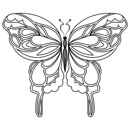 Black ornamental stencils of beautiful butterfly isolated on the white background, hand drawing vector illustrationのイラスト素材