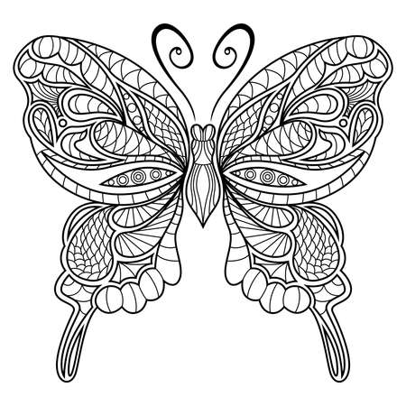 Black stencil ornamental beautiful butterfly isolated on the white background, hand drawing vector illustrationのイラスト素材