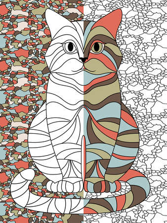 Amusing and serious cat on the mosaic background, hand drawing vector illustration as a coloring bookのイラスト素材