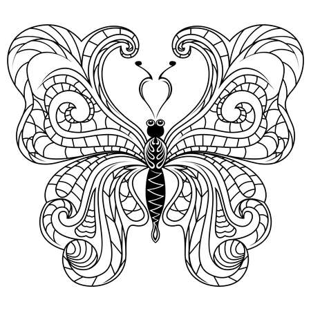 Black ornamental stencils of beautiful butterfly isolated on the white background, hand drawing vector illustrationのイラスト素材
