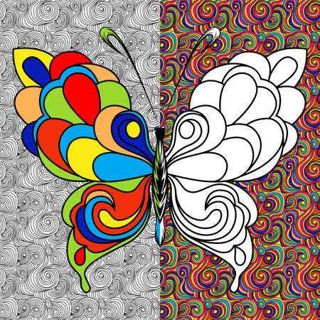 Colorful ornamental beautiful butterfly on the mosaic background, hand drawing vector illustration as a coloring bookのイラスト素材