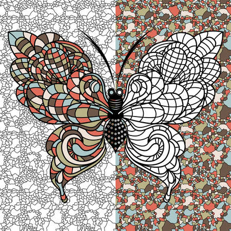 Colorful decorative beautiful butterfly on the mosaic background in muted colors, hand drawing vector illustration as a coloring bookのイラスト素材