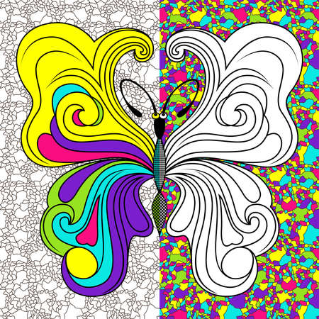 Colorful ornamental stylized stencils of beautiful butterfly on the mosaic background, hand drawing vector illustration as a coloring bookのイラスト素材