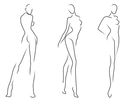 Abstract of the bodies of three women, black outline isolated on the white background, hand drawing outlineのイラスト素材