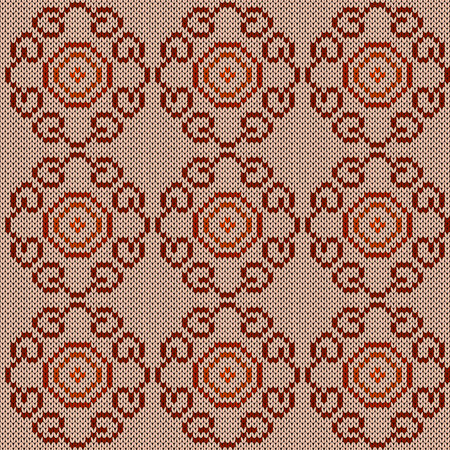 Seamless knitted ornate vector pattern in beige, orange and brown colors as a fabric textureのイラスト素材