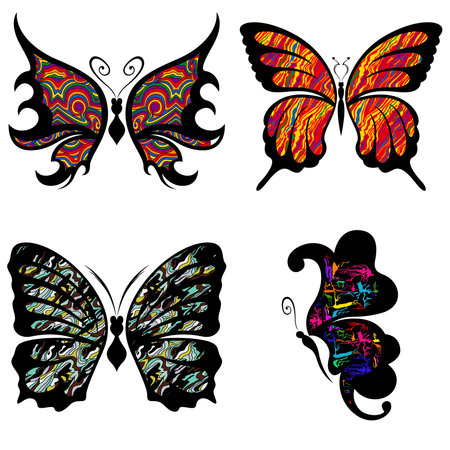 Set of four beautiful colorful butterflies isolated on a white background, hand drawing illustrationのイラスト素材