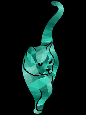 Colorful mosaic of a silhouette graceful cat's body in muted turquoise hues isolated on the black background, decoration on glass for childrenのイラスト素材