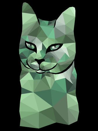 Mosaic of funny cat in muted green hues isolated on the black background, decoration on glass for childrenのイラスト素材