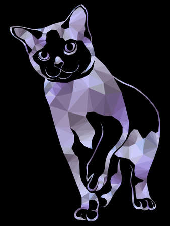 Mosaic of playful cat in muted violet and grey hues isolated on the black background, decoration on glassのイラスト素材