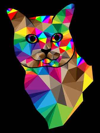 Mosaic of funny cat muzzle in bright colors isolated on the black background, decoration on glass for childrenのイラスト素材