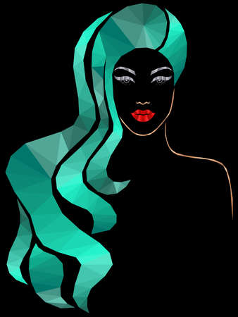 Woman's beautiful face of mosaic, hair in turquoise hues with smooth color transition isolated on the black backgroundのイラスト素材