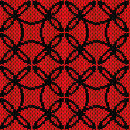 Seamless knitted ornate vector pattern in black and red colors as a fabric textureのイラスト素材
