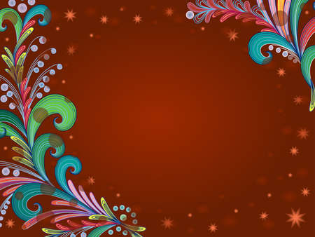 Multicolor decorative flowers on brown background in circle and stars, beautiful greeting cardのイラスト素材