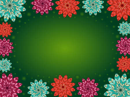 Multicolor decorative flowers on green background with circle, beautiful greeting cardのイラスト素材