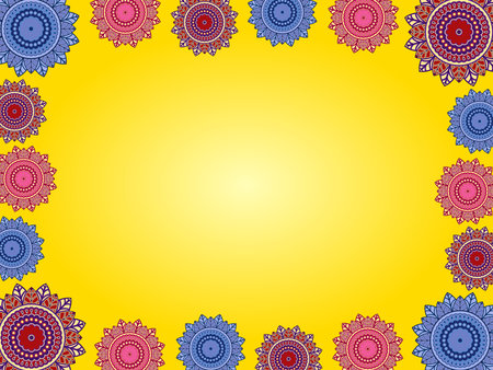 Greeting card with ornamental flowers on yellow background with gradientのイラスト素材