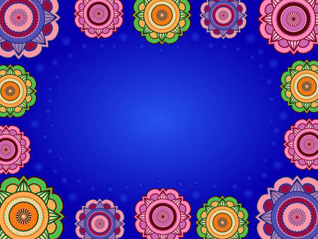 Colorful greeting card with ornamental flowers and circles on blue backgroundのイラスト素材