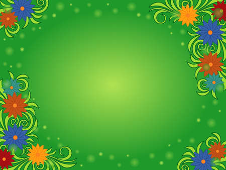 Greeting card with colorful flowers, circle and stars on green background with gradientのイラスト素材