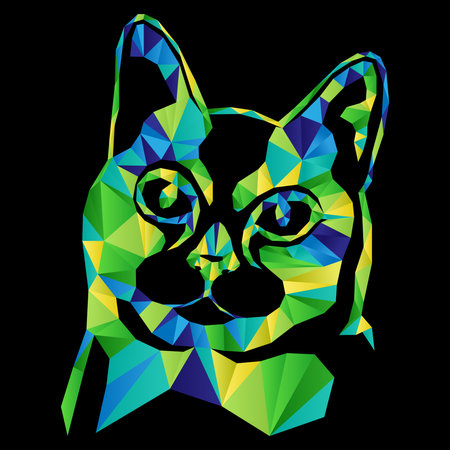 Mosaic of serious cat in green, blue and yellow hues isolated on the black background, decoration on glassのイラスト素材