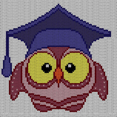 Knitting of cartoon amusing clever owl in blue on the white background, illustration for textile productionのイラスト素材