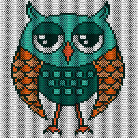 Knitting of cartoon funny owl with big eyes in turquoise and orange hues on the white background, illustration for textile productionのイラスト素材
