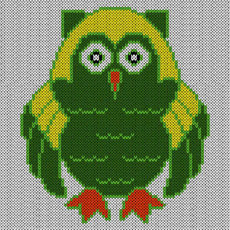 Knitting of cartoon amusing clever owl in green and yellow colors on the white background, illustration for textile productionのイラスト素材