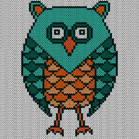 Knitting of cartoon amusing serious owl in turquoise and orange colors on the white background, illustration for textile productionのイラスト素材
