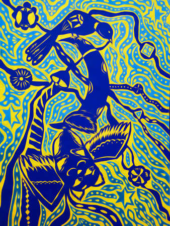 Bird and cat with wings on the sky background with moon, stars and flowers. Fantastical artistic pattern in cyan, blue and yellow hues, fantasy artworkの写真素材