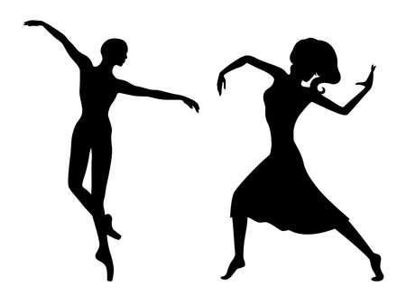 Abstract black stencil silhouettes of charming ladies dancer in move, hand drawing vector illustrationのイラスト素材