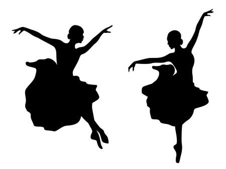 Abstract attractive slender ladies dancer black stencil silhouettes in dress, hand drawing vector illustrationのイラスト素材
