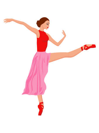 Gentle ballerina in red and pink dress, hand drawing vector, isolated on the white backgroundのイラスト素材